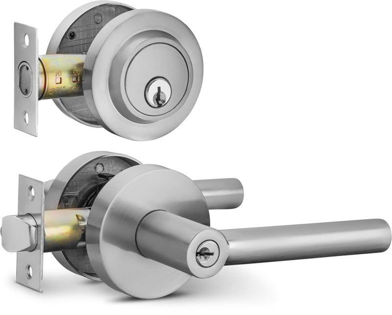 Berlin Modisch Entry Lever Door Handle and Single Cylinder Deadbolt Lock and Key Sleek Round Locking Lever Handle Set [Front Door or Office] Right & Left Sided Doors Heavy Duty â€“ Satin Nickel Finish - Image 1